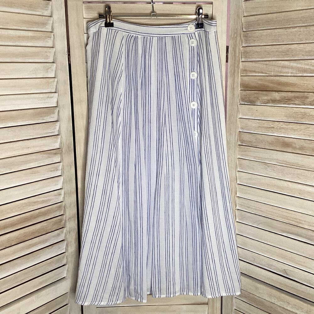Avec Les Filles Carina White Blue Stripe Side Button Wrap Midi Skirt M - Picture 5 of 9